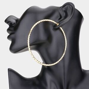 Gold Clip On Hoop Earrings 3 Inches Casual Simple Style Textured Jewelry